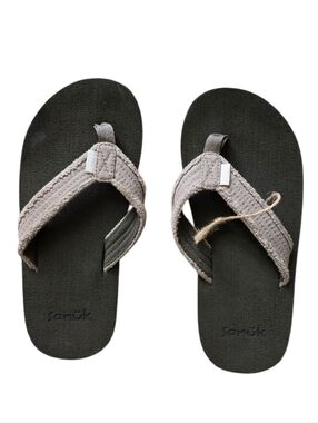 Sanuk Kids Size 2 to 3 Black and Tan Cream Flip Flops